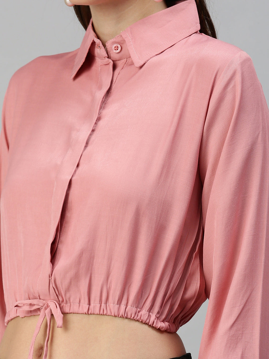 Women's Pink Solid Shirt Style Crop Top