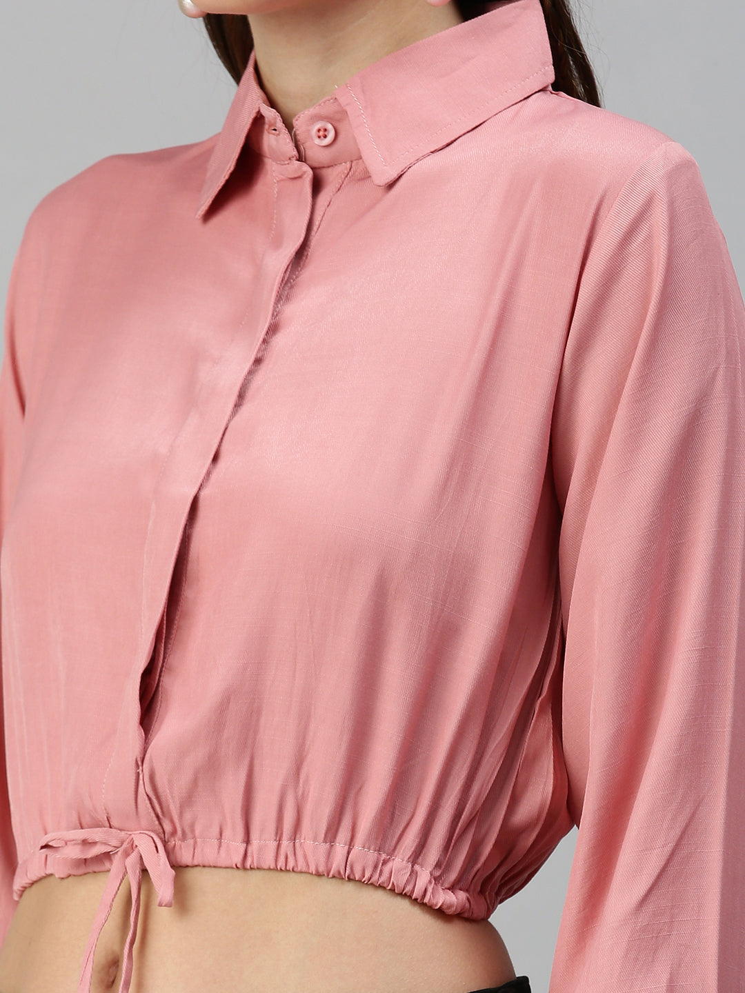 Women's Pink Solid Shirt Style Crop Top