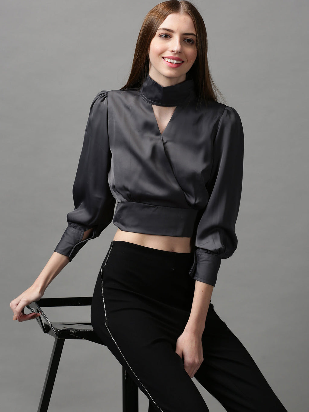 Women's Grey Solid Choker Neck Wrap Crop Top