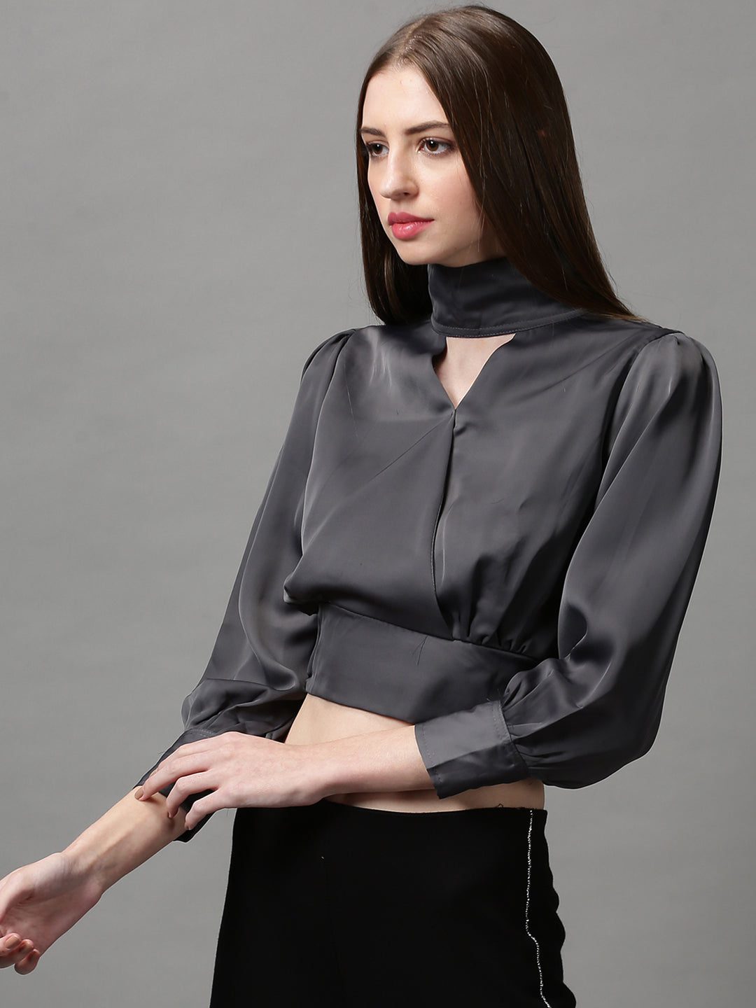 Women's Grey Solid Choker Neck Wrap Crop Top