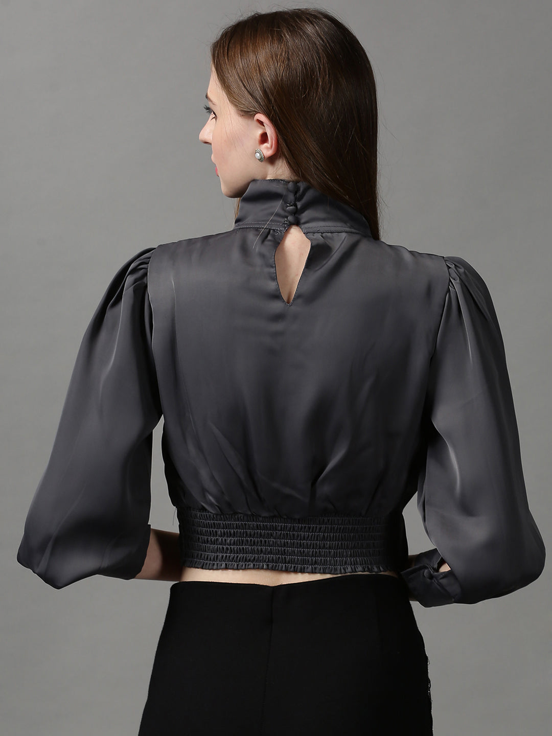 Women's Grey Solid Choker Neck Wrap Crop Top