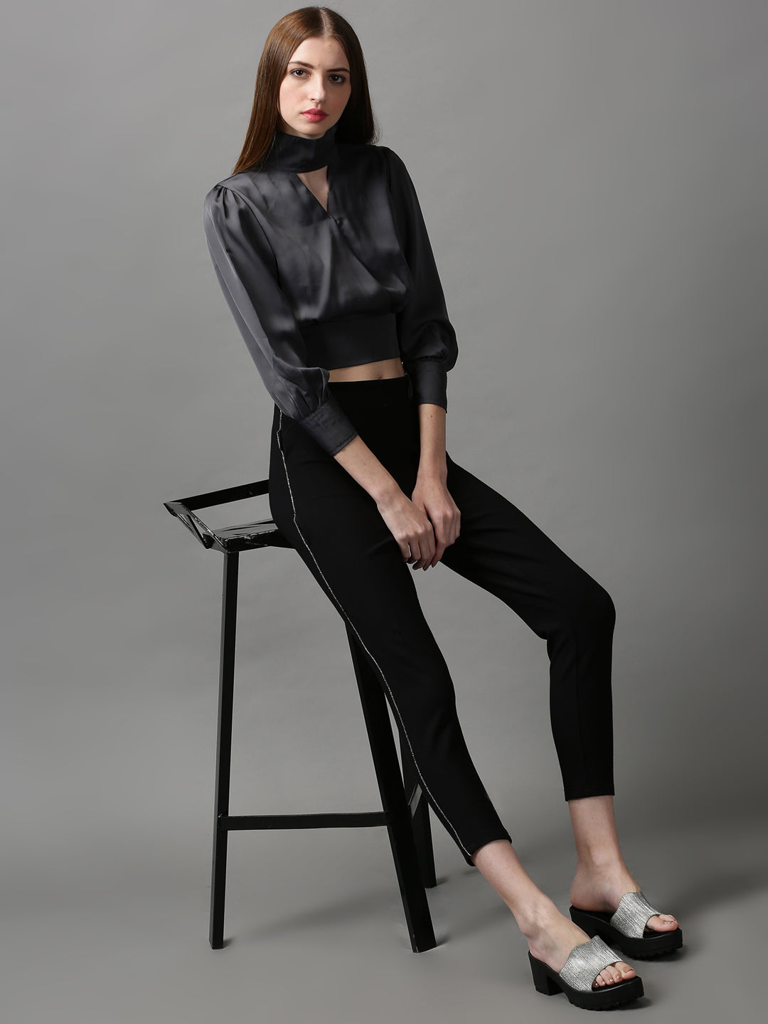 Women's Grey Solid Choker Neck Wrap Crop Top