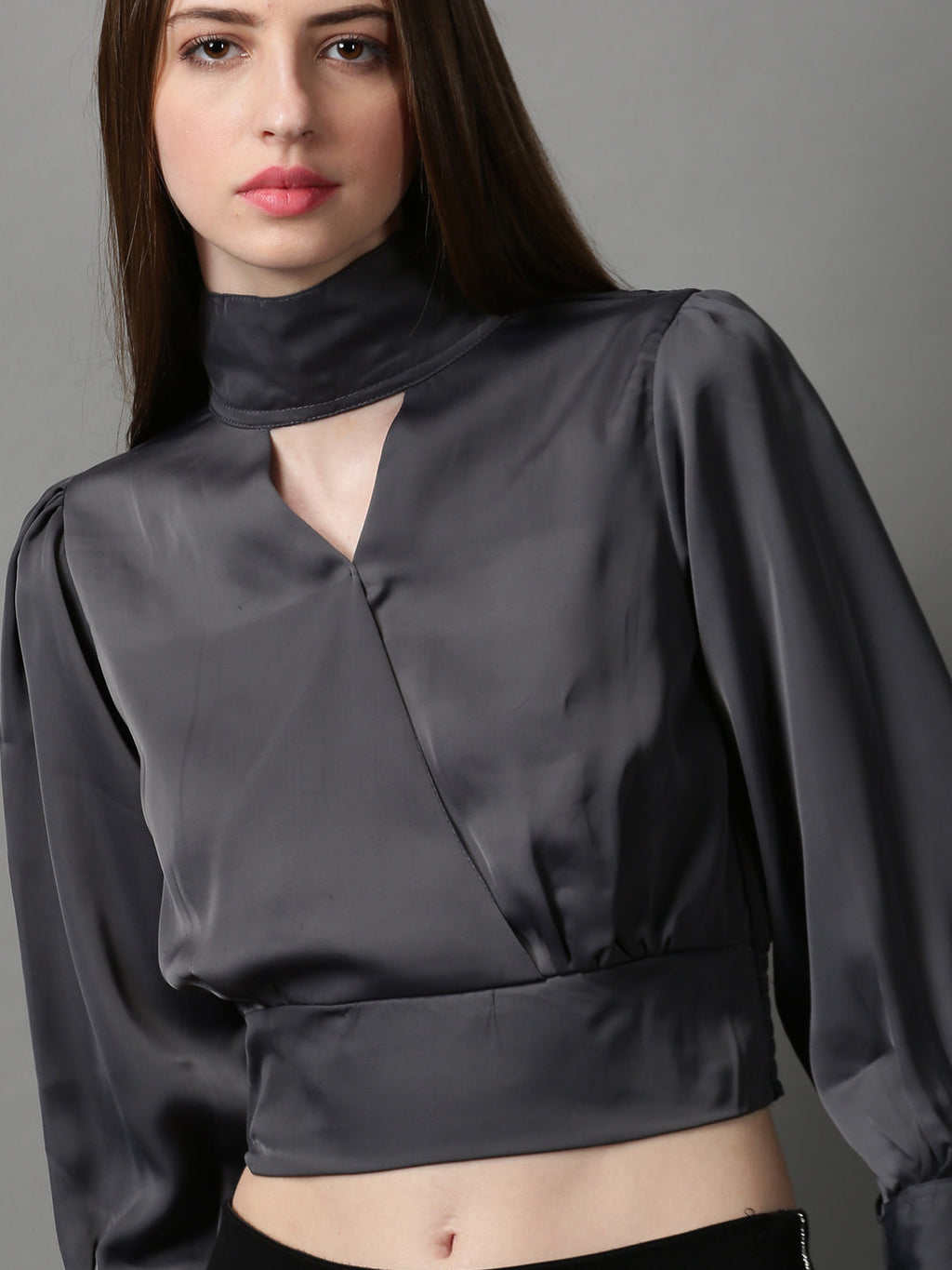 Women's Grey Solid Choker Neck Wrap Crop Top