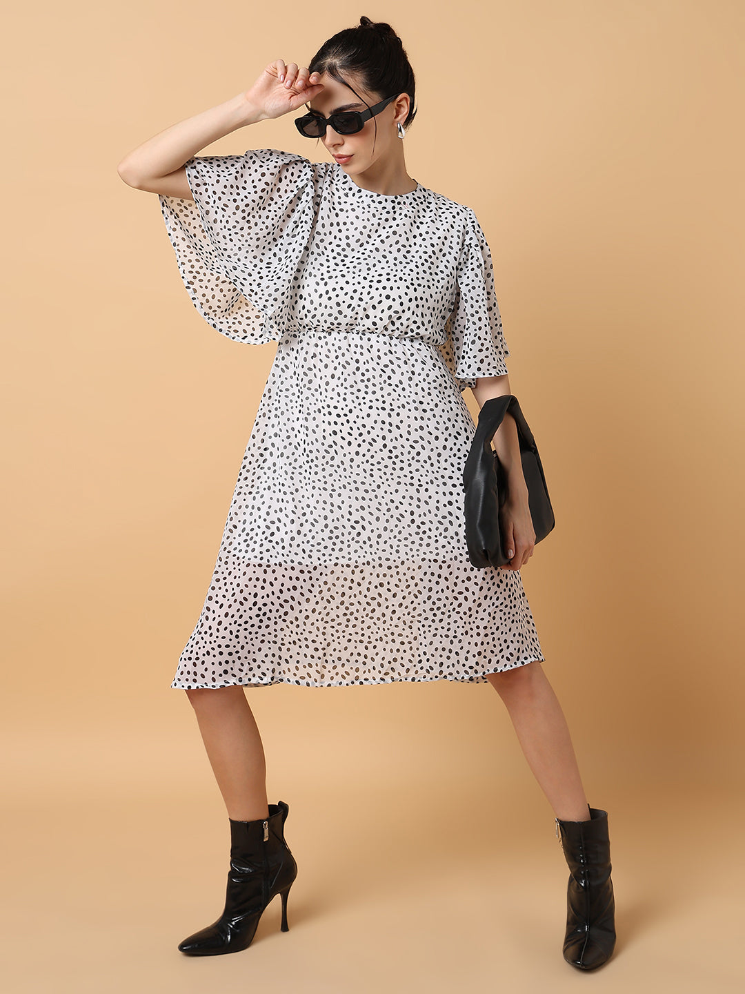 Women's Off White Polka Dot Printed Fit & Flare Dress