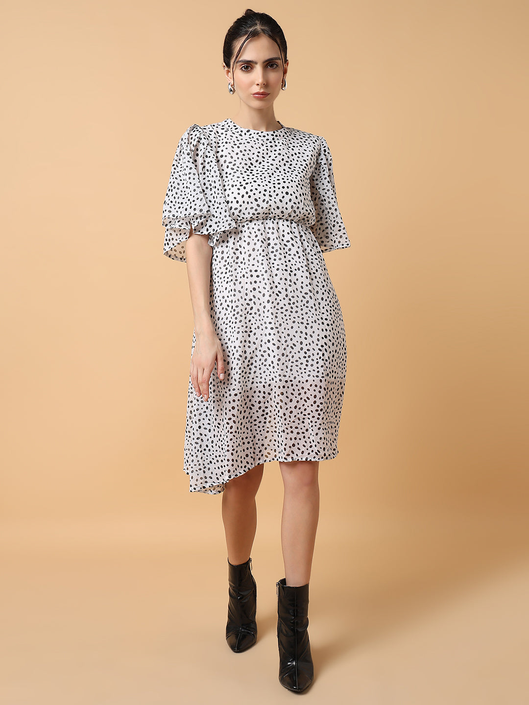 Women's Off White Polka Dot Printed Fit & Flare Dress