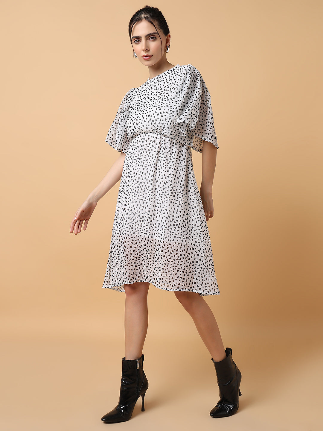 Women's Off White Polka Dot Printed Fit & Flare Dress