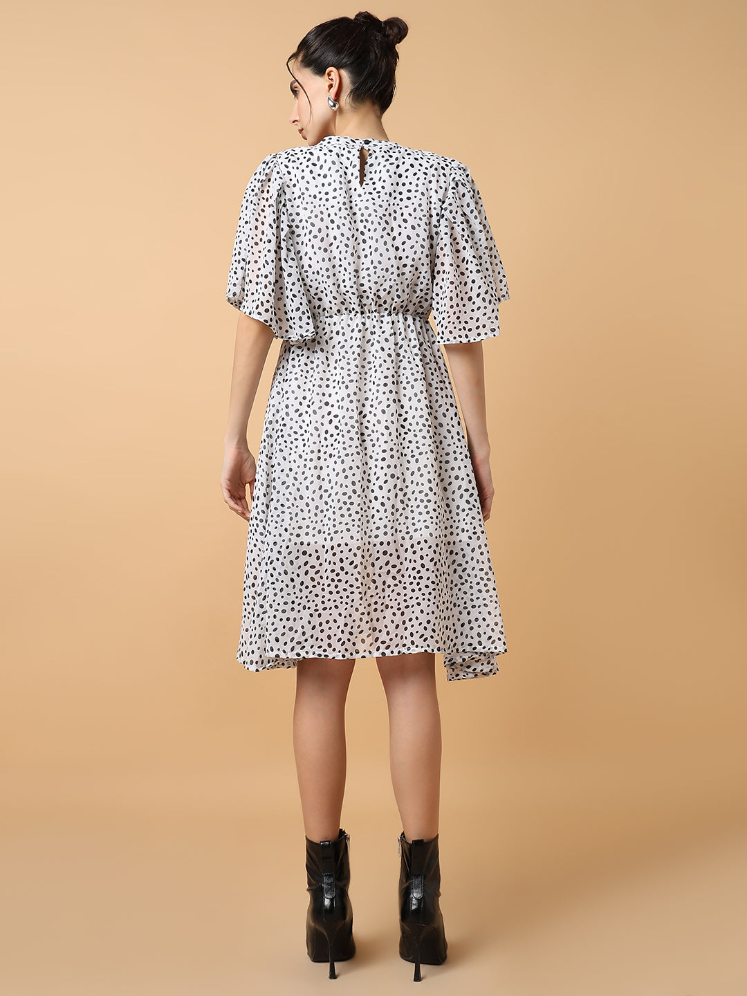 Women's Off White Polka Dot Printed Fit & Flare Dress