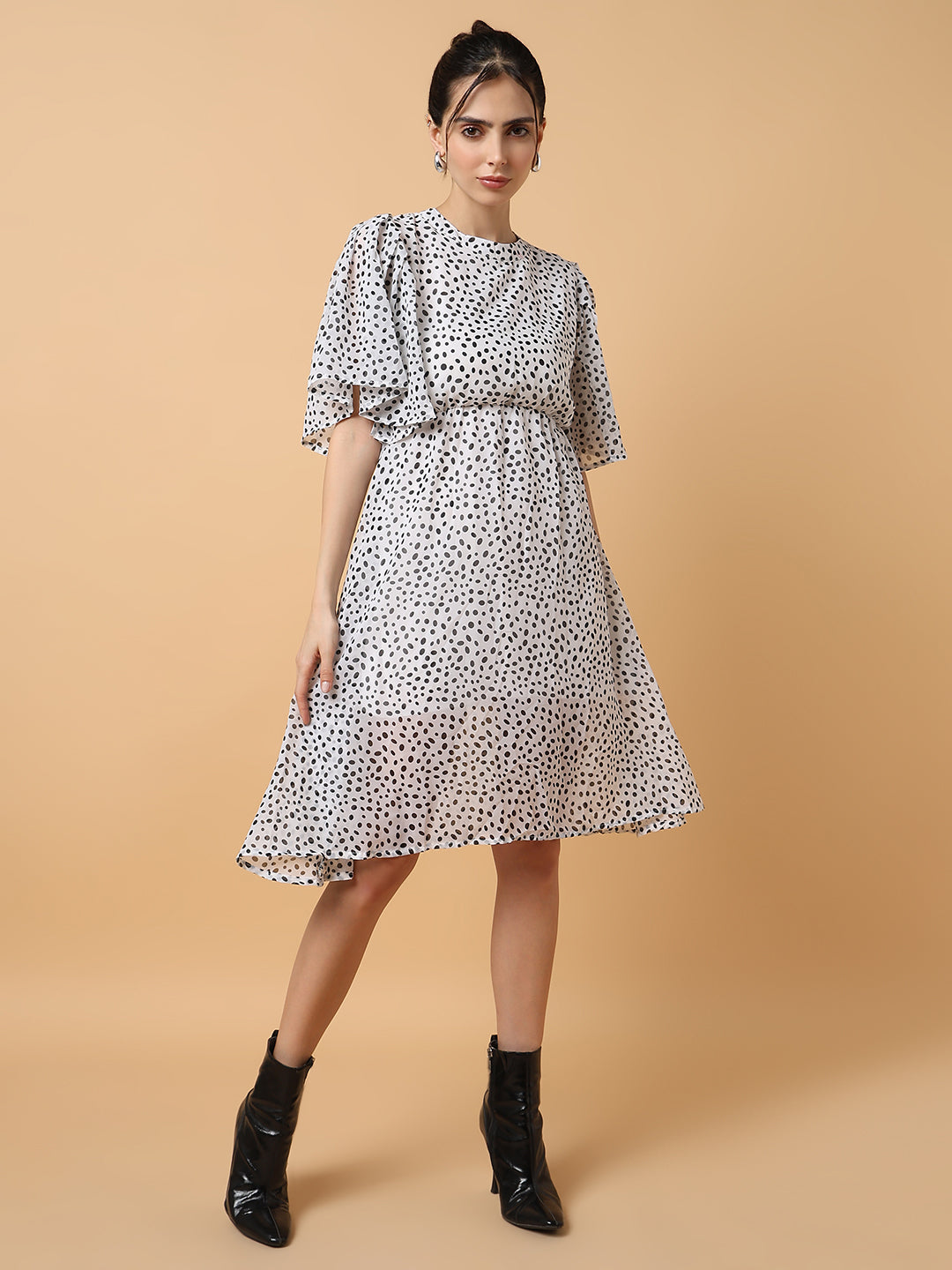 Women's Off White Polka Dot Printed Fit & Flare Dress