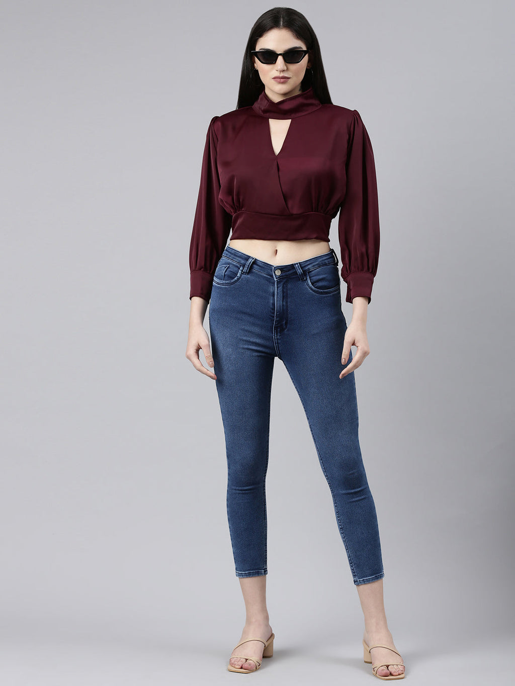Women's Violet Keyhole Neck Puff Sleeves Wrap Satin Crop Top