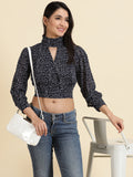 Women's Navy Blue Geometric Print Keyhole Neck Chiffon Crop Top