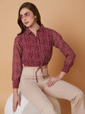 Women's Maroon Abstract Printed Shirt Collar Synthetic Georgette Top