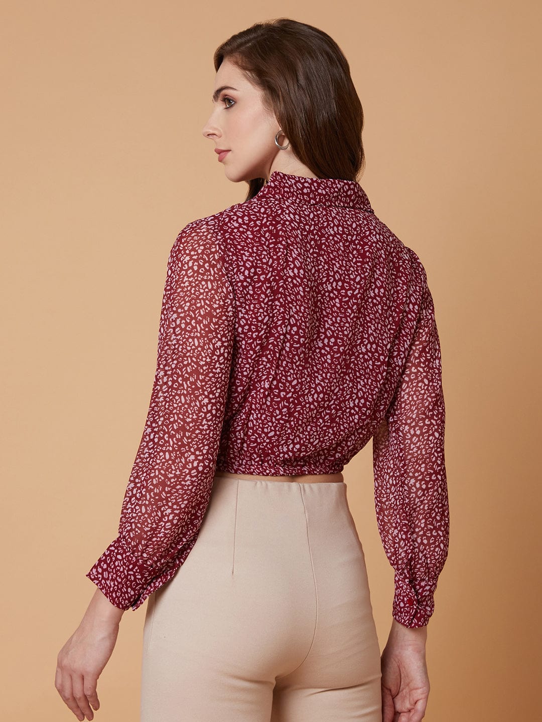 Women's Maroon Abstract Printed Shirt Collar Synthetic Georgette Top