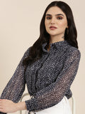 Women's Navy Blue Animal Printed Chiffon Shirt Style Crop Top