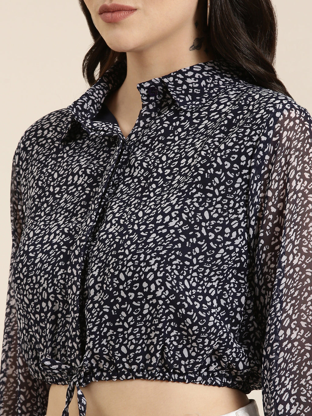 Women's Navy Blue Animal Printed Chiffon Shirt Style Crop Top