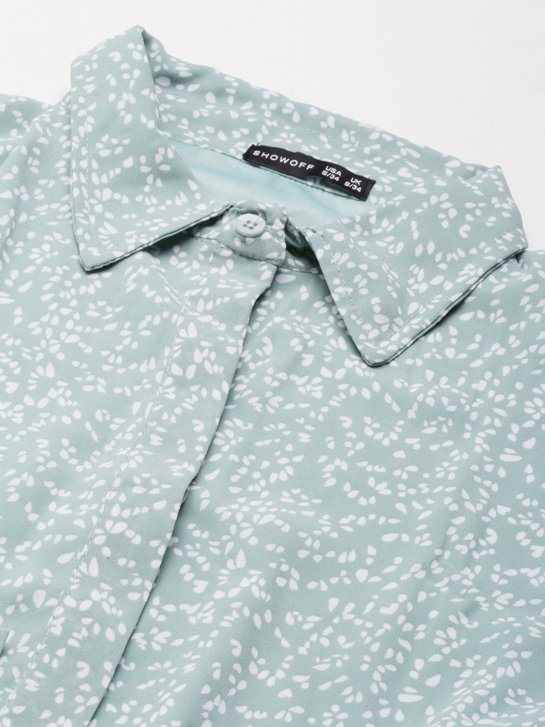 Women's Sea Green Abstract Printed Shirt Collar Crop Top
