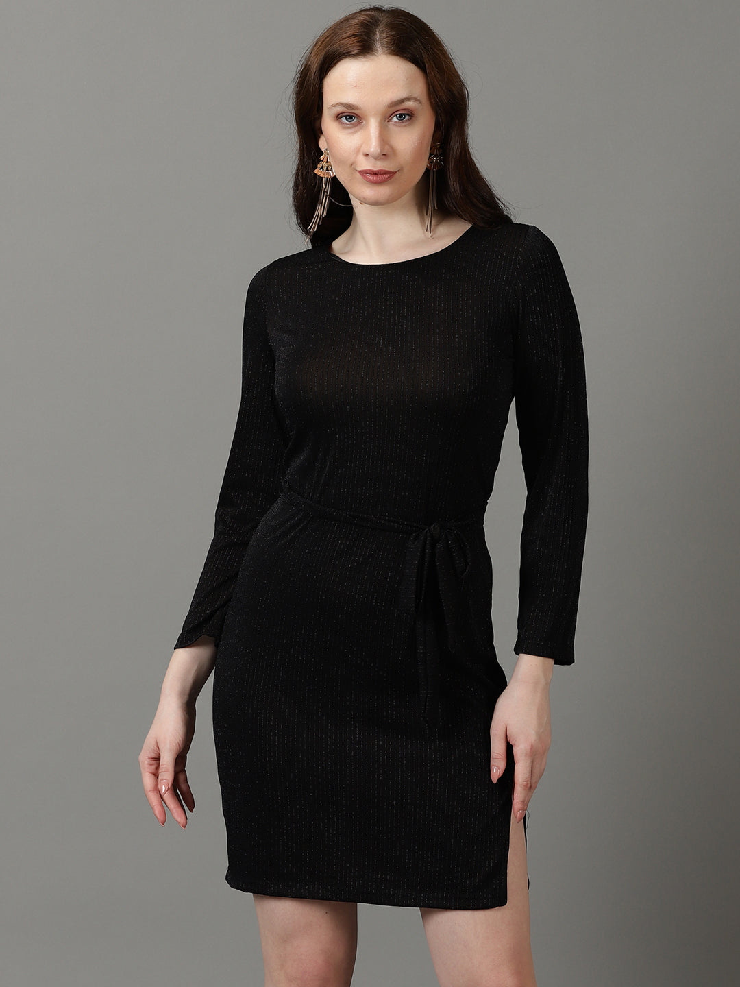 Women's Black Striped Sparkly Round Neck Sheath Dress