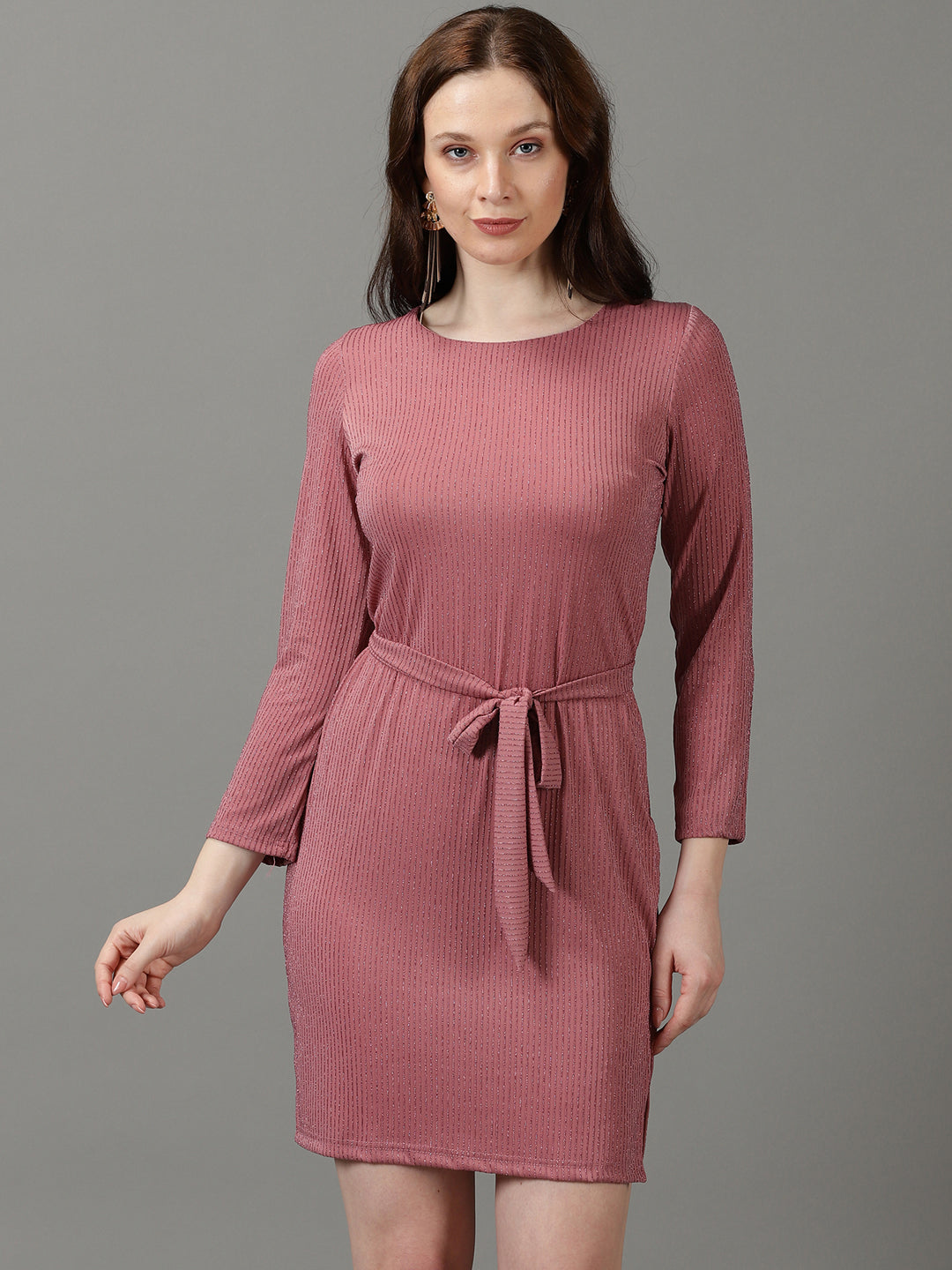 Women's Mauve Round Neck Striped Sheath Dress With Belt