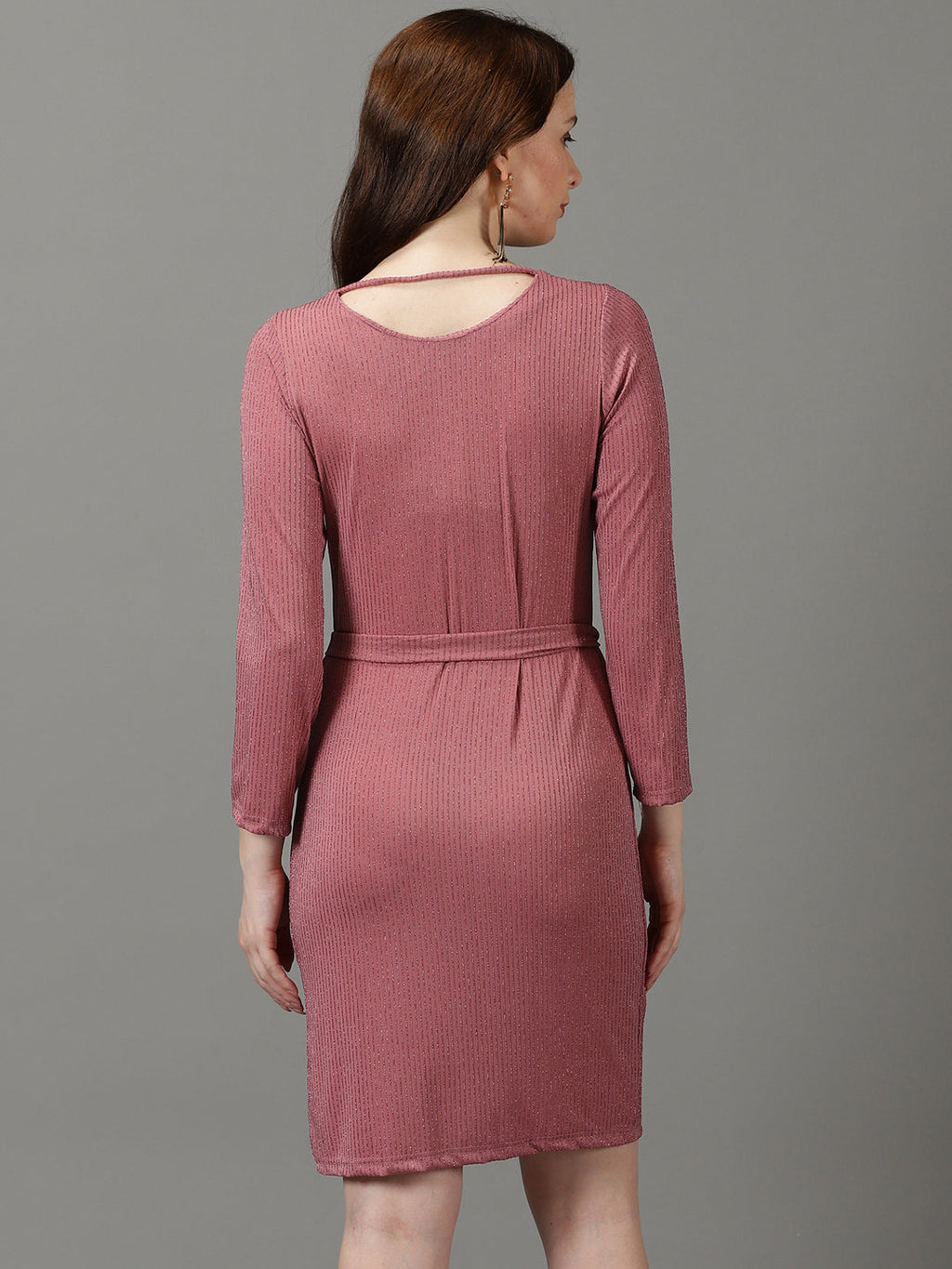 Women's Mauve Round Neck Striped Sheath Dress With Belt