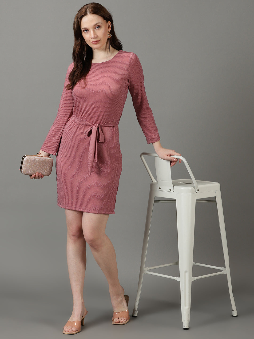 Women's Mauve Round Neck Striped Sheath Dress With Belt
