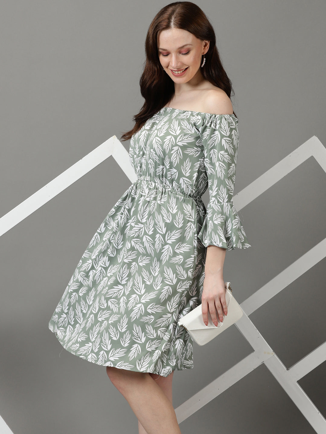 Women's Green Floral Printed Off-Shoulder Bell Sleeve Crepe Fit & Flare Dress