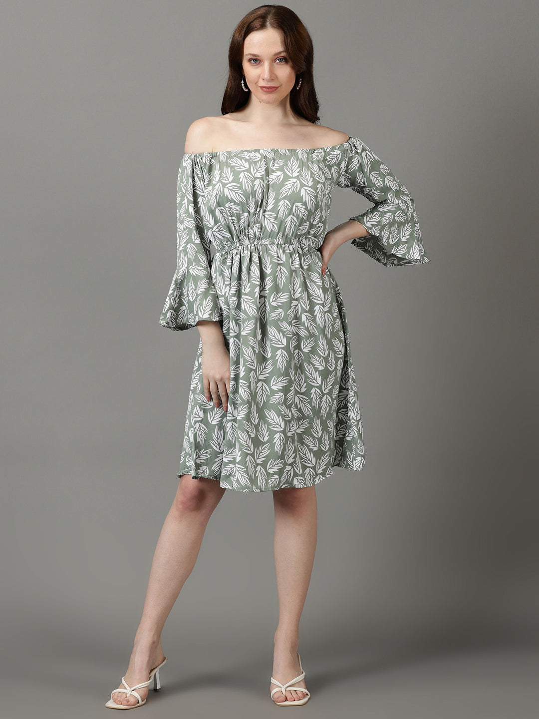 Women's Green Floral Printed Off-Shoulder Bell Sleeve Crepe Fit & Flare Dress