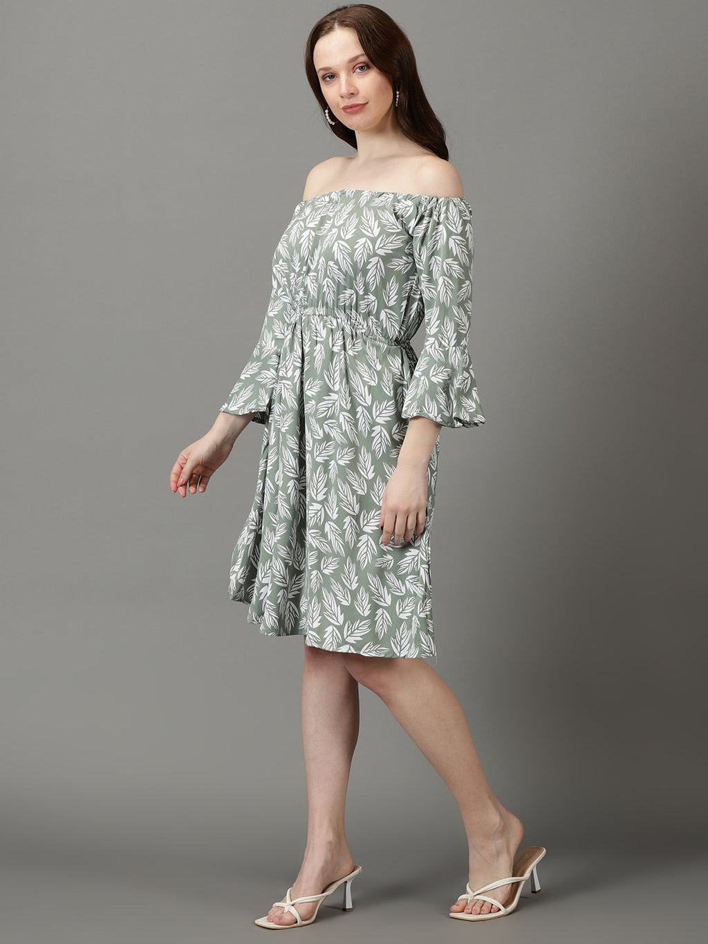 Women's Green Floral Printed Off-Shoulder Bell Sleeve Crepe Fit & Flare Dress