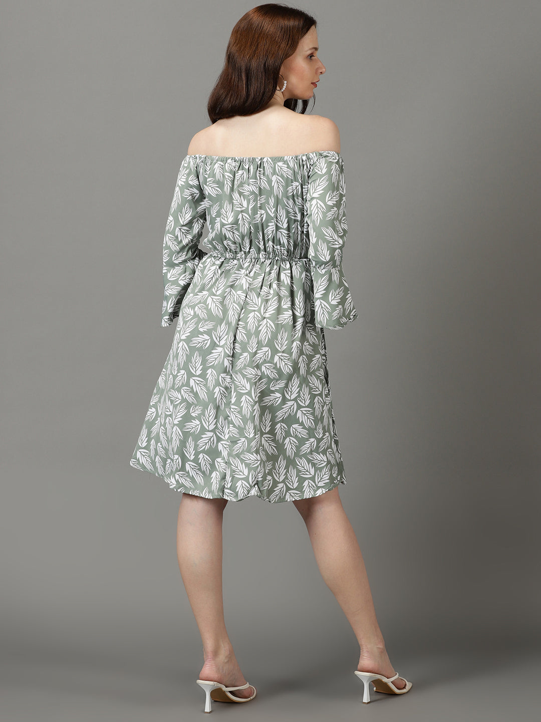 Women's Green Floral Printed Off-Shoulder Bell Sleeve Crepe Fit & Flare Dress