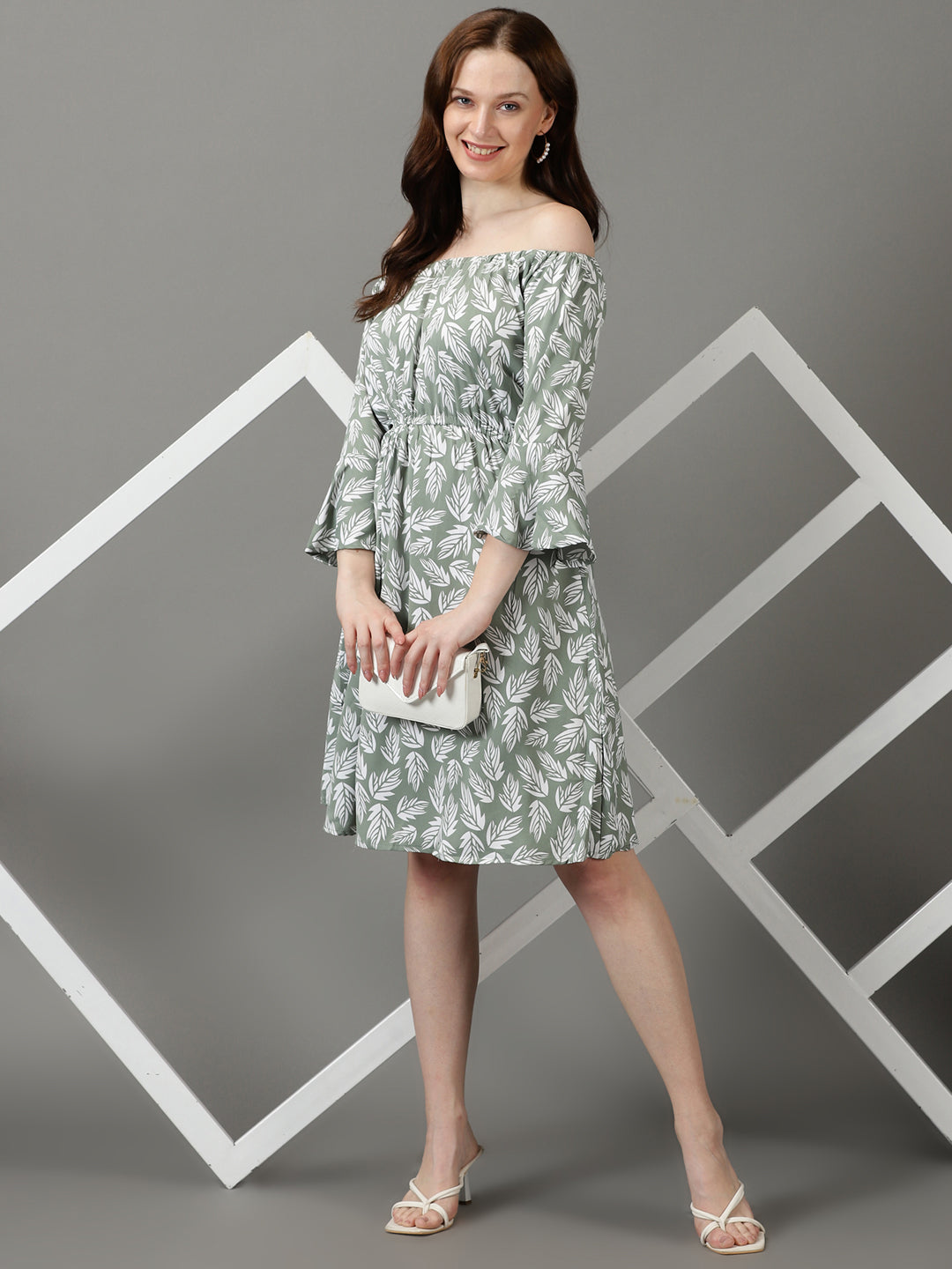 Women's Green Floral Printed Off-Shoulder Bell Sleeve Crepe Fit & Flare Dress