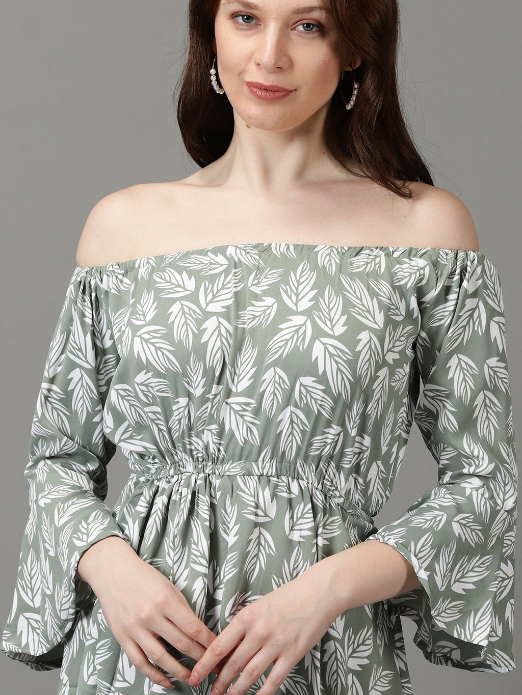 Women's Green Floral Printed Off-Shoulder Bell Sleeve Crepe Fit & Flare Dress