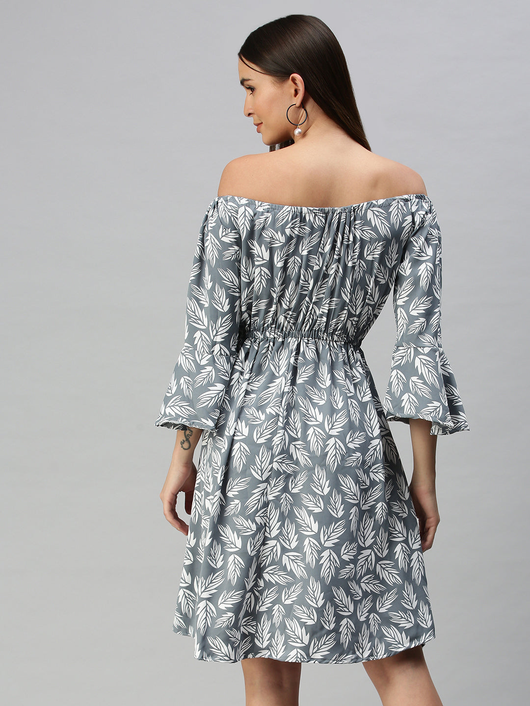 Women's Grey Tropical Off-Shoulder Crepe A-Line Dress