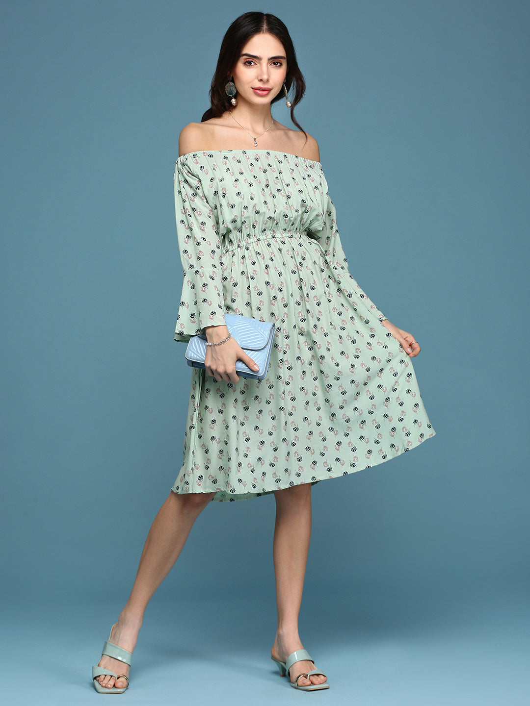 Women's Green Floral Printed Off-Shoulder Fit & Flare Dress