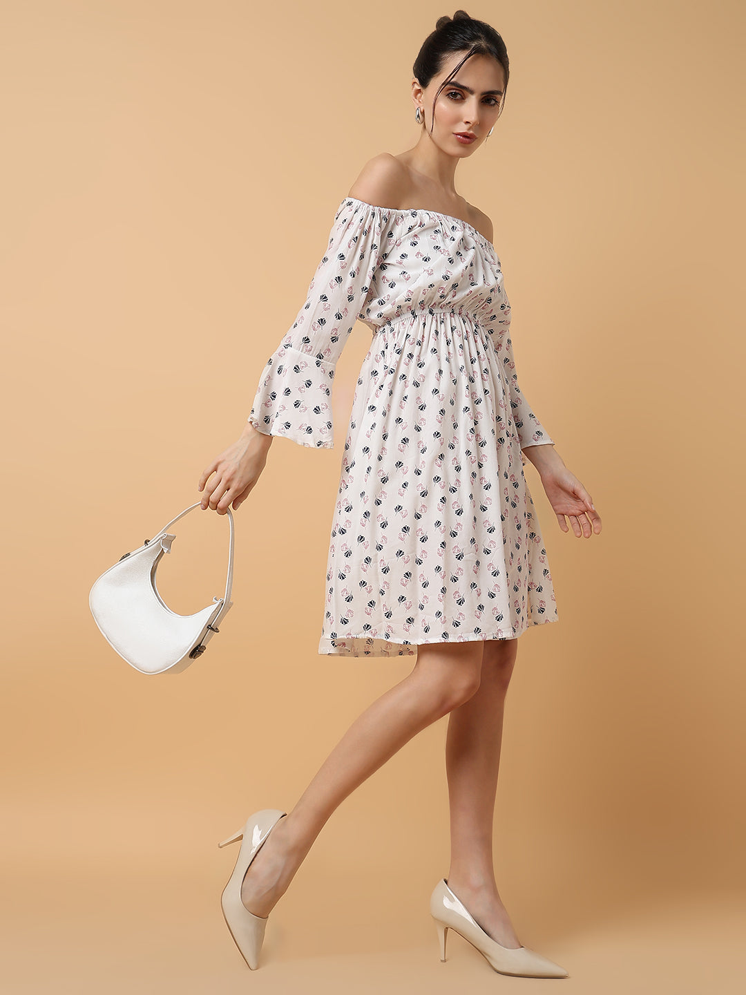 Women's White Blue Off-Shoulder Crepe Dress