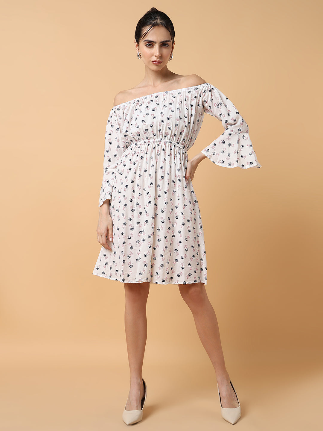 Women's White Blue Off-Shoulder Crepe Dress