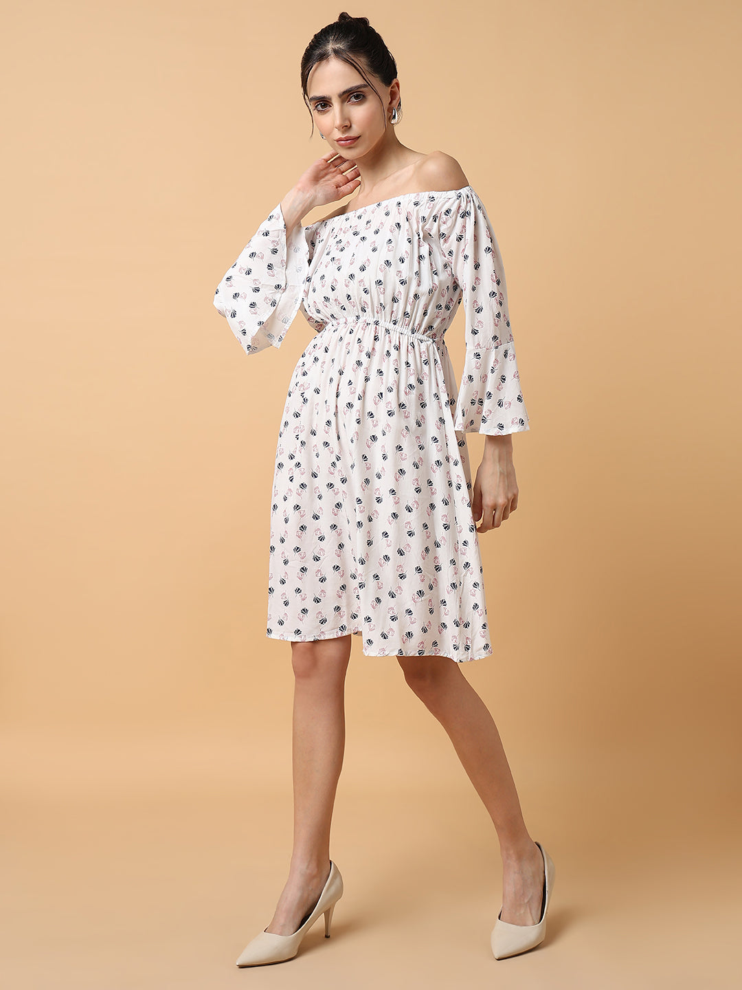 Women's White Blue Off-Shoulder Crepe Dress
