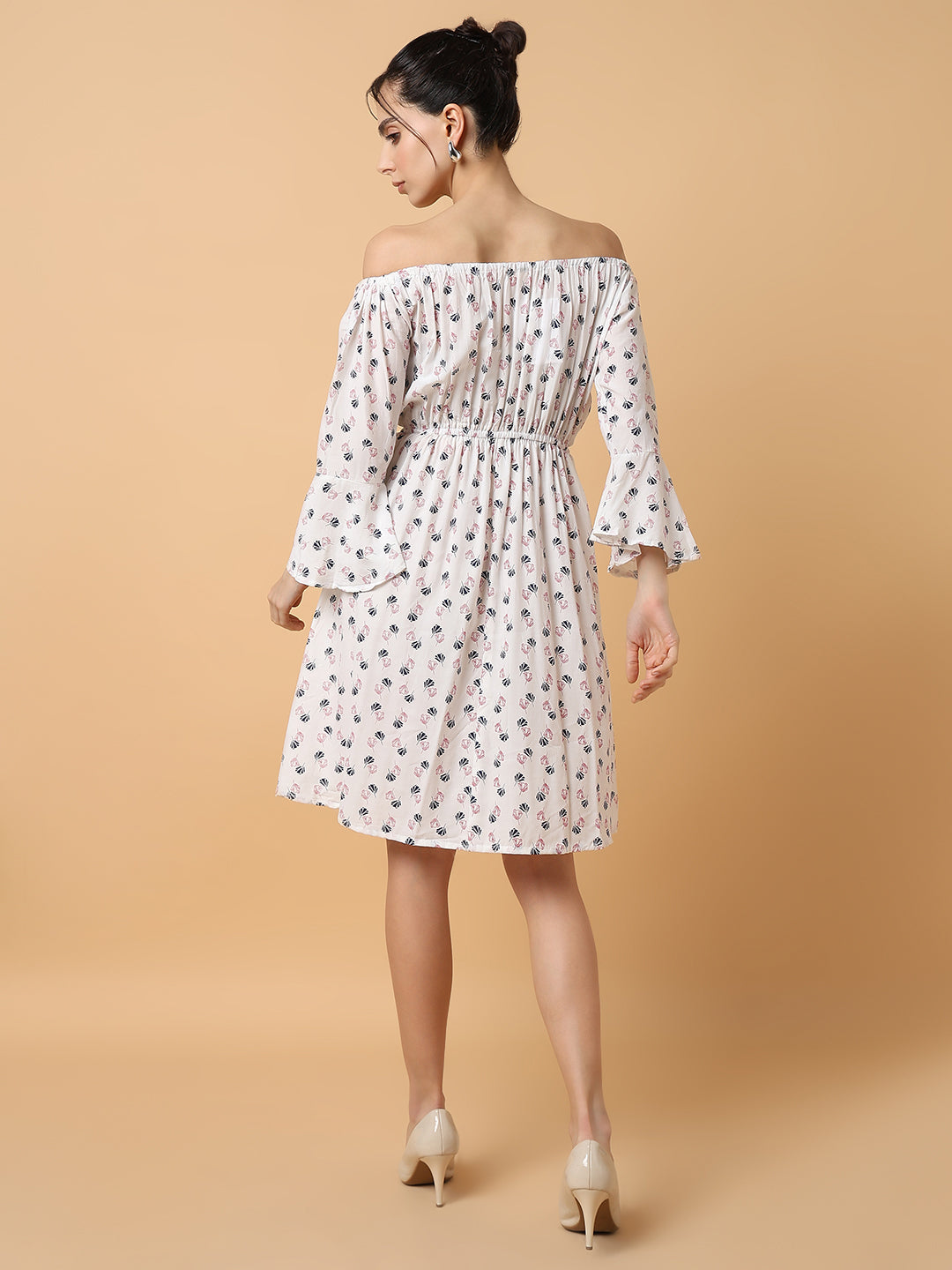 Women's White Blue Off-Shoulder Crepe Dress
