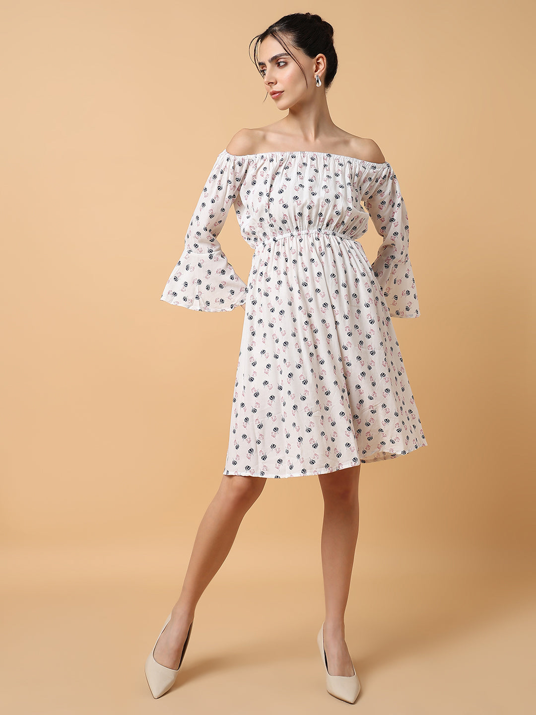 Women's White Blue Off-Shoulder Crepe Dress