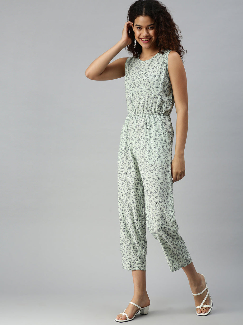 Women's Green Printed Basic Jumpsuit