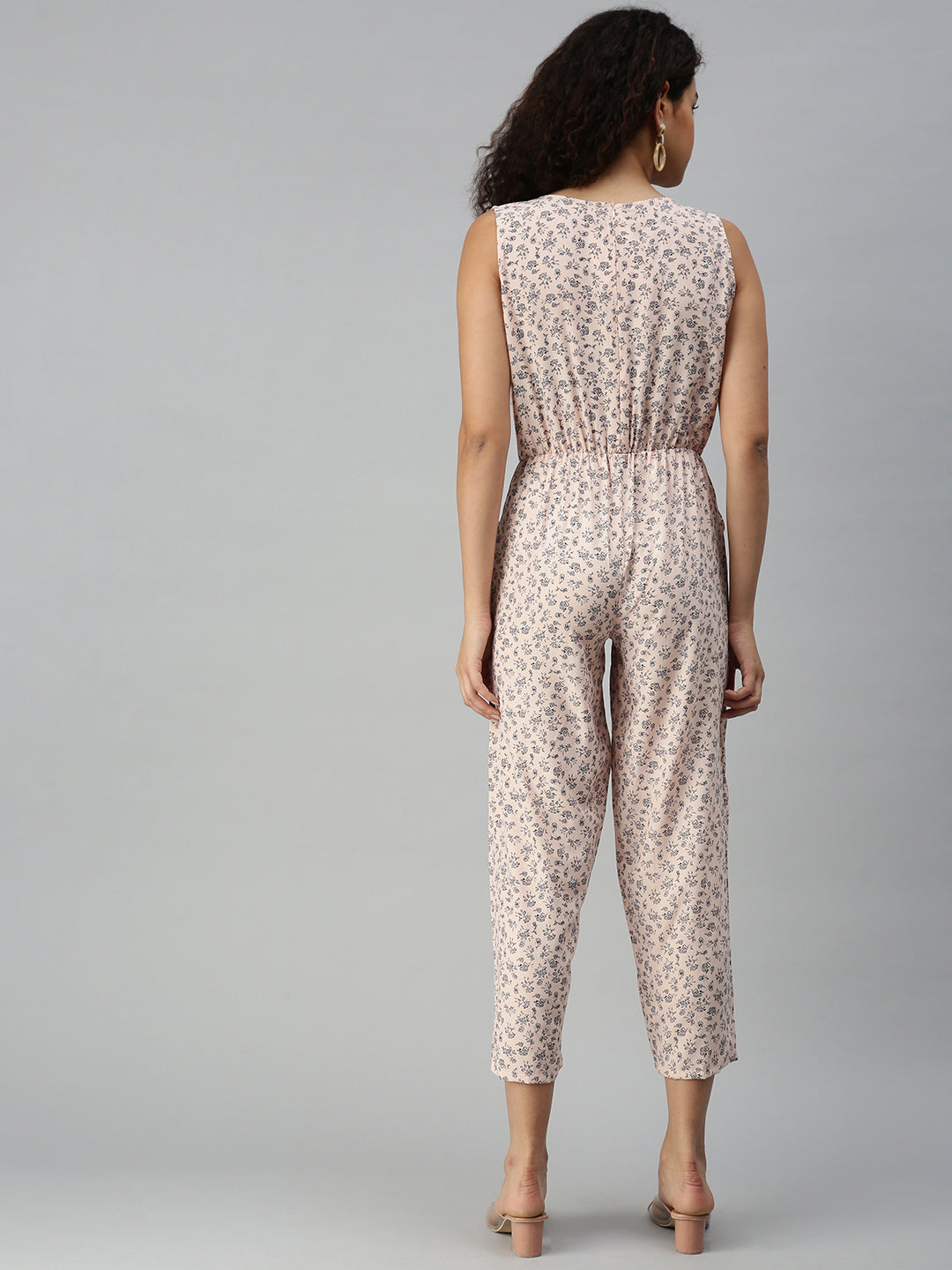 Women's Peach Printed Basic Jumpsuit