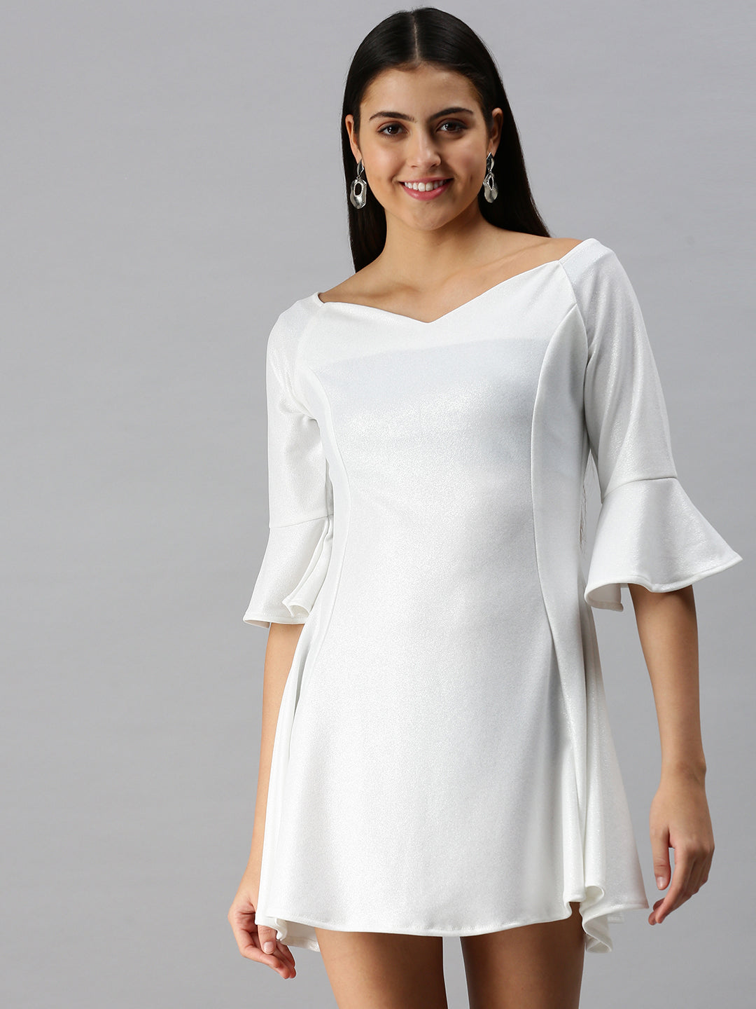 Women's White Solid Fit and Flare Scuba Dress