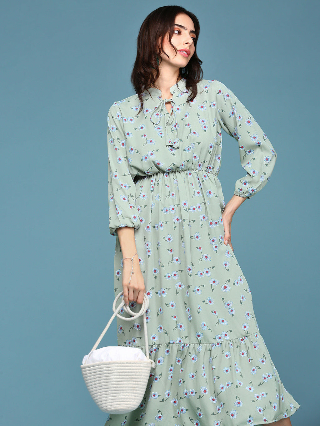 Women's Green Floral Tie-Up Neck A-Line Dress