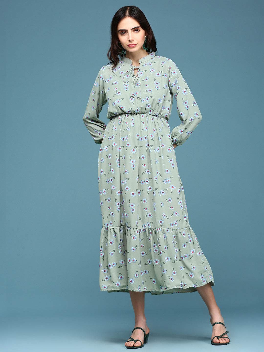 Women's Green Floral Tie-Up Neck A-Line Dress
