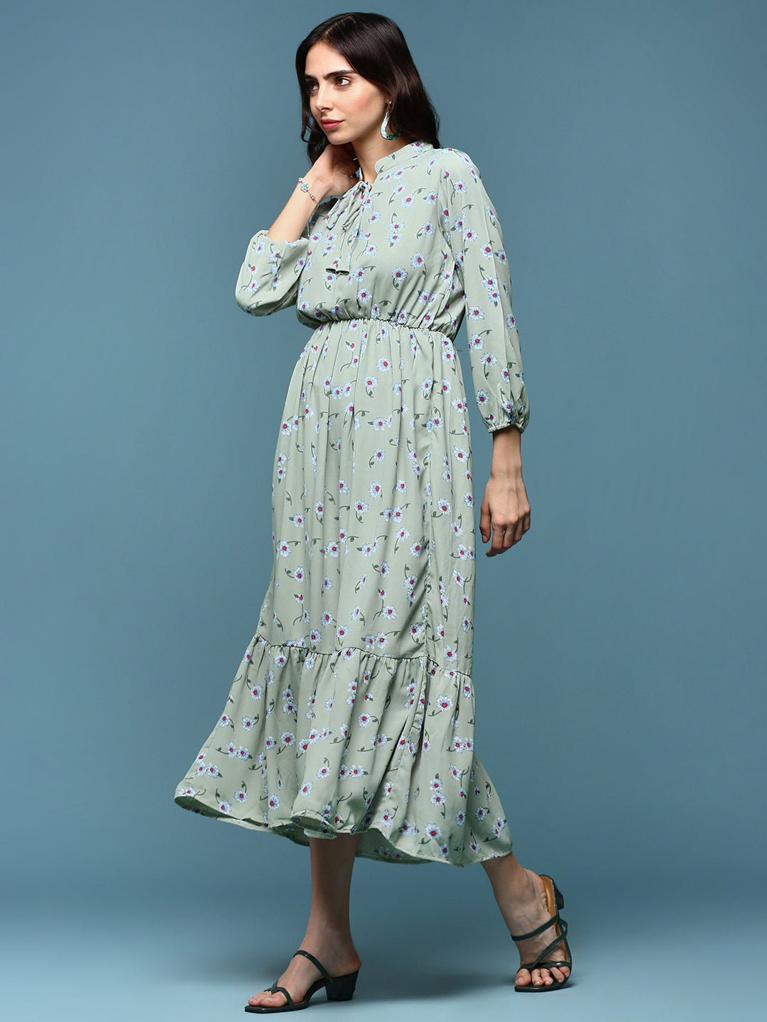Women's Green Floral Tie-Up Neck A-Line Dress