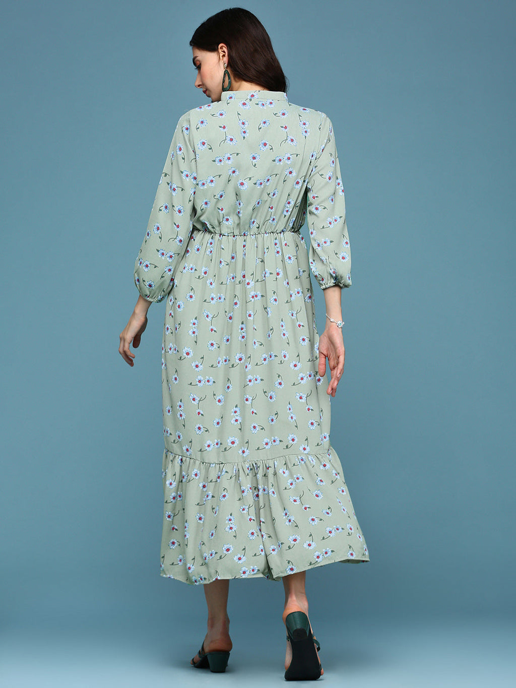 Women's Green Floral Tie-Up Neck A-Line Dress