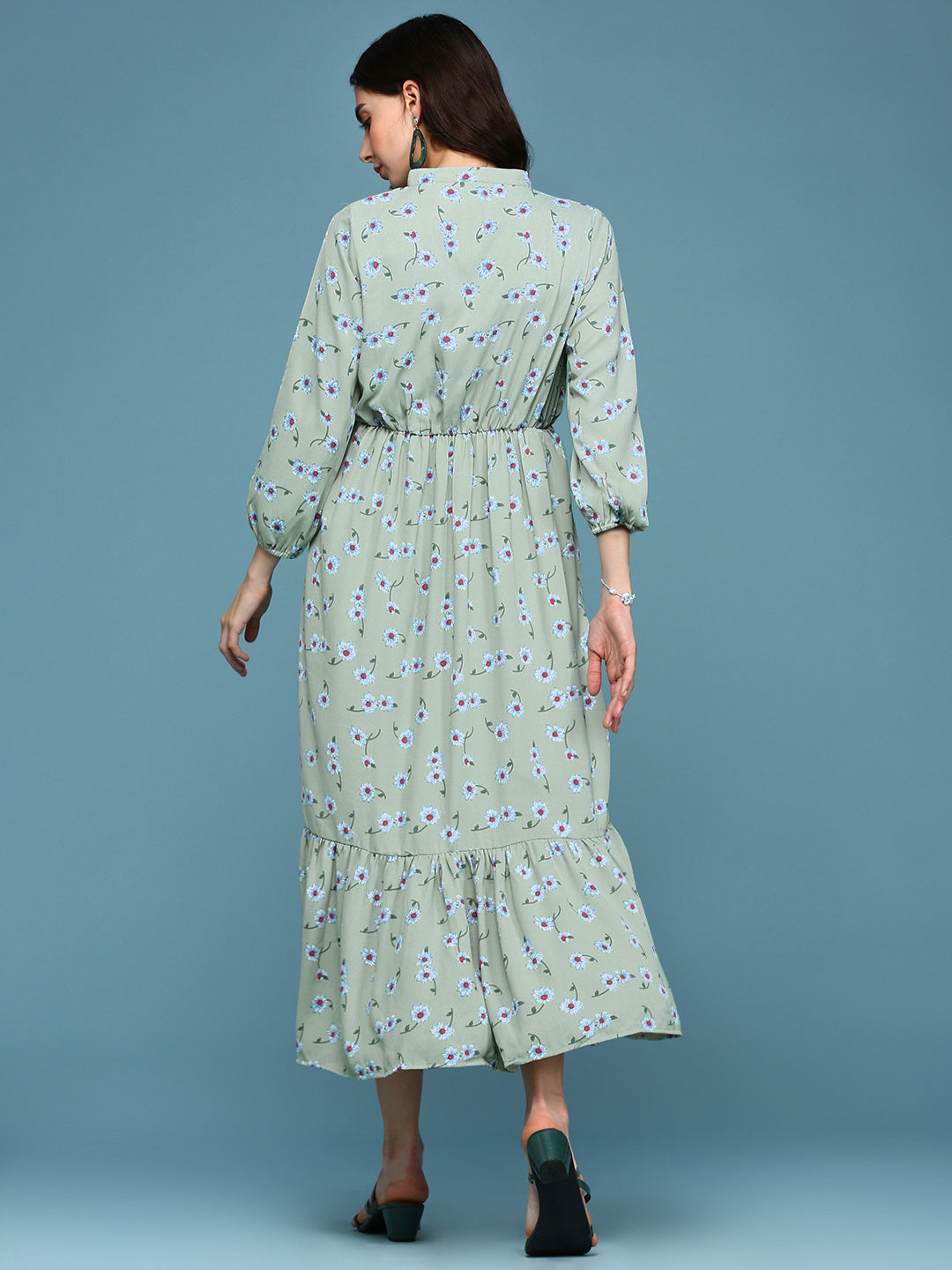 Women's Green Floral Tie-Up Neck A-Line Dress