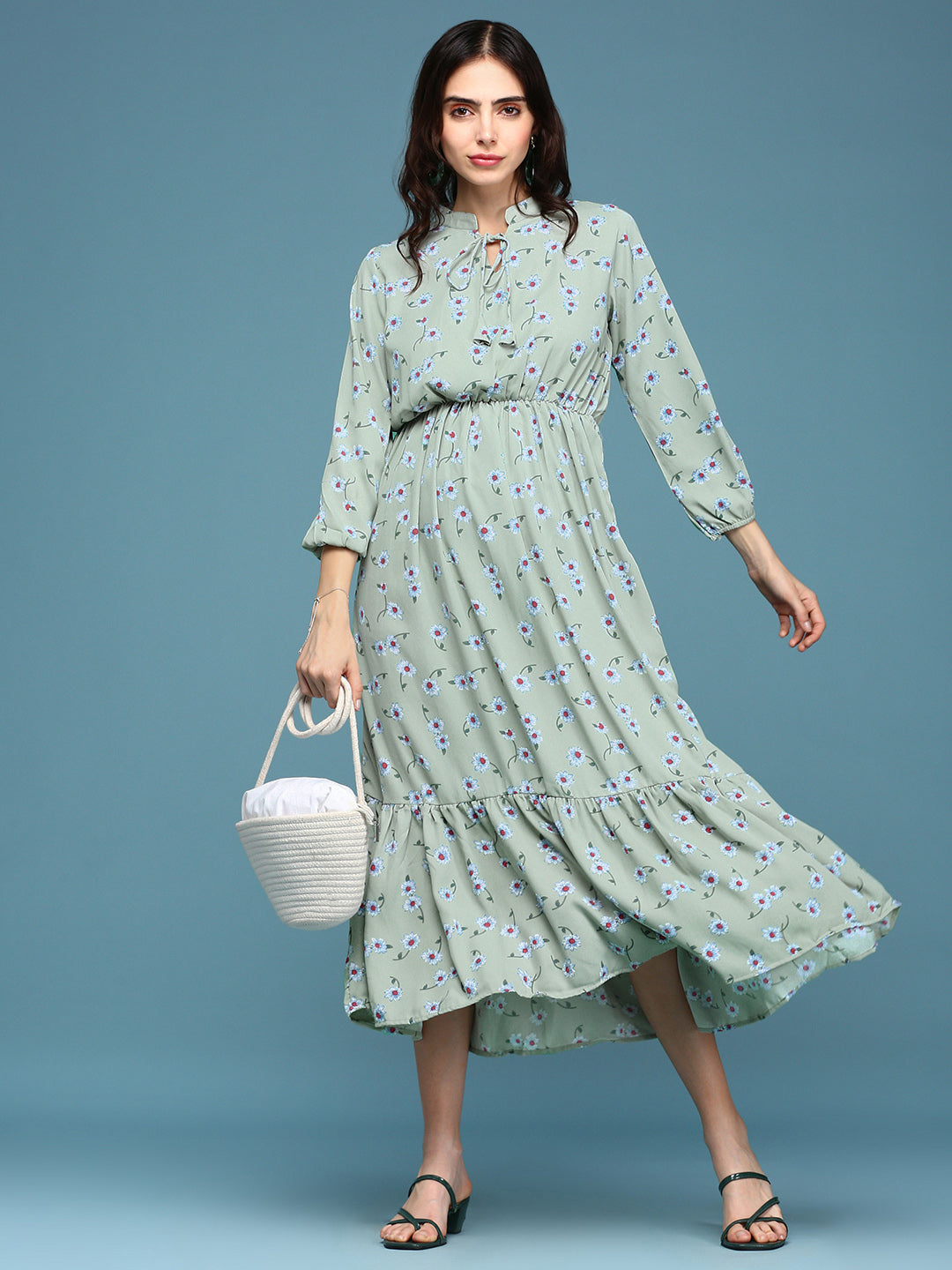 Women's Green Floral Tie-Up Neck A-Line Dress