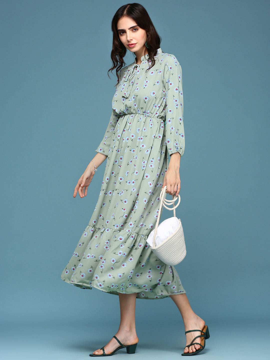 Women's Green Floral Tie-Up Neck A-Line Dress