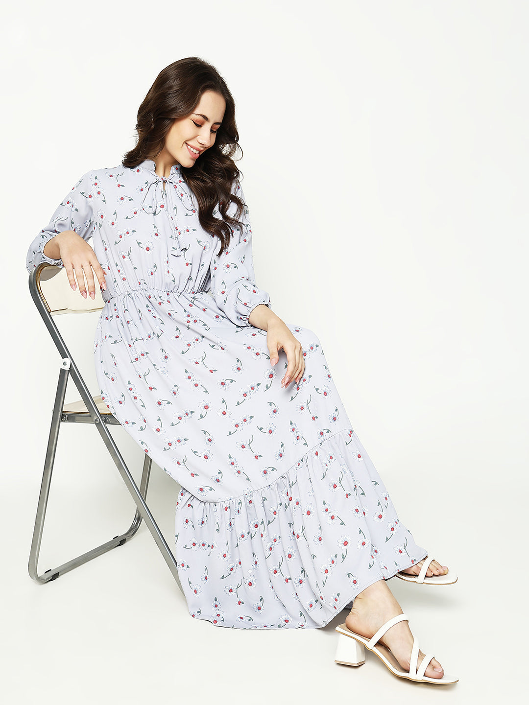 Women's Grey Ethnic Motifs A-Line Midi Dress