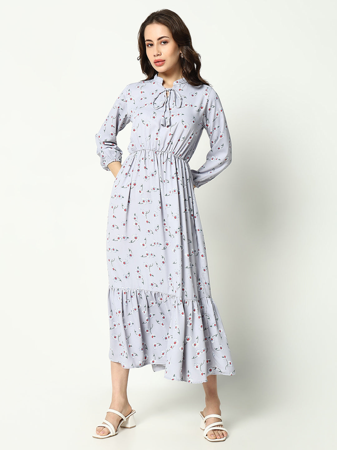 Women's Grey Ethnic Motifs A-Line Midi Dress