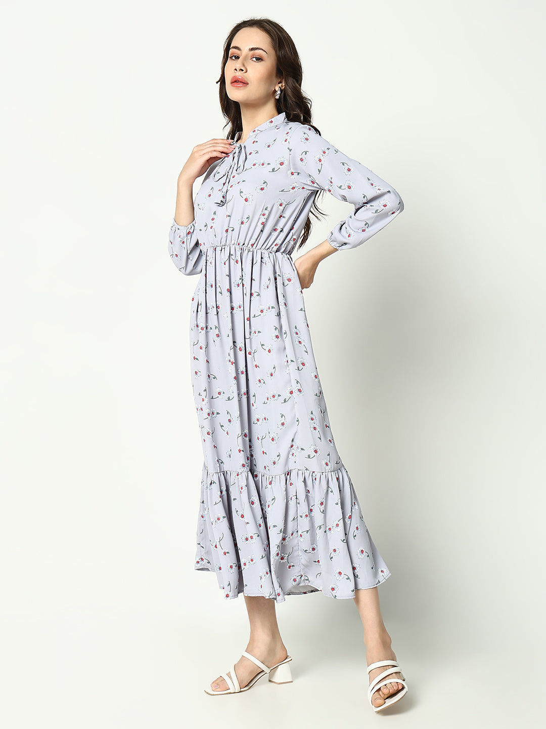 Women's Grey Ethnic Motifs A-Line Midi Dress