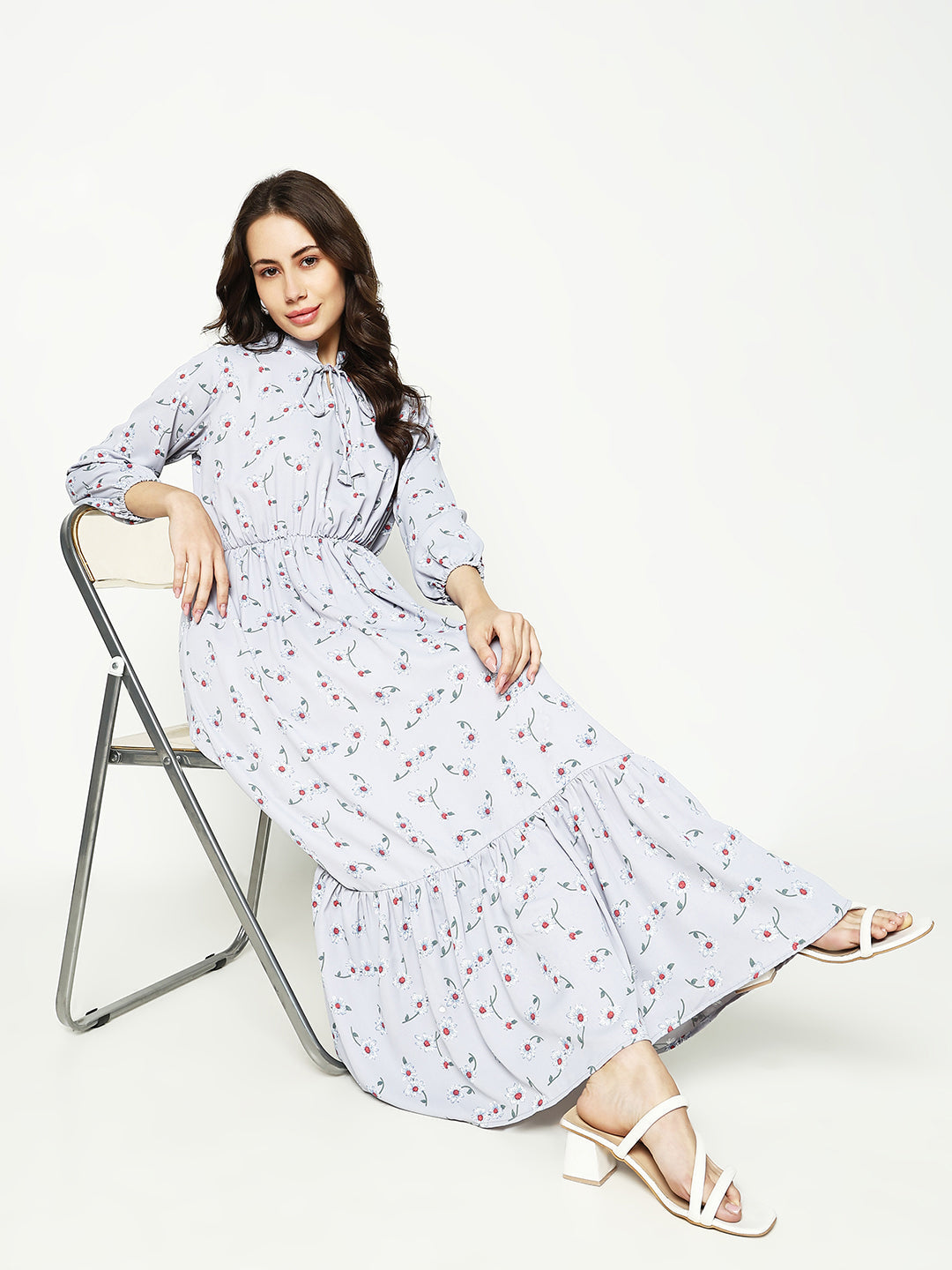 Women's Grey Ethnic Motifs A-Line Midi Dress